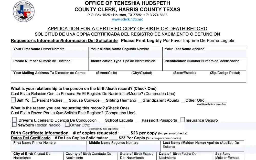 A screenshot of the application form to obtain a certified copy of birth or death record.