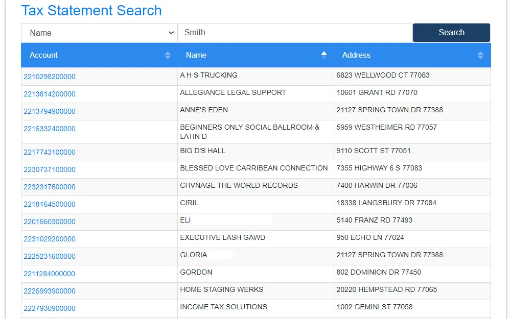 A screenshot of the Harris County Tax Assessor-Collector where the user can perform a search for property tax records.