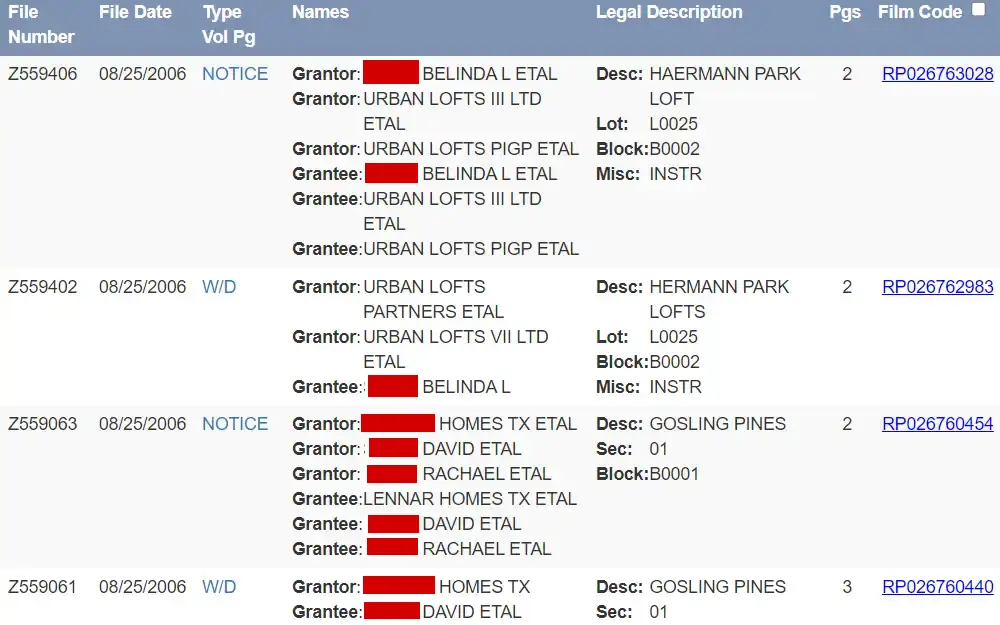 A screenshot of the Real Property Document Search Portal provided by the Harris County Clerk of Court for obtaining property deeds.