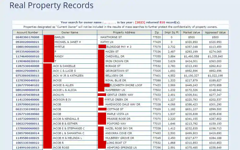 A screenshot of the Harris County Appraisal District portal where the user can search for property maps and appraisal records from 2009 - present.