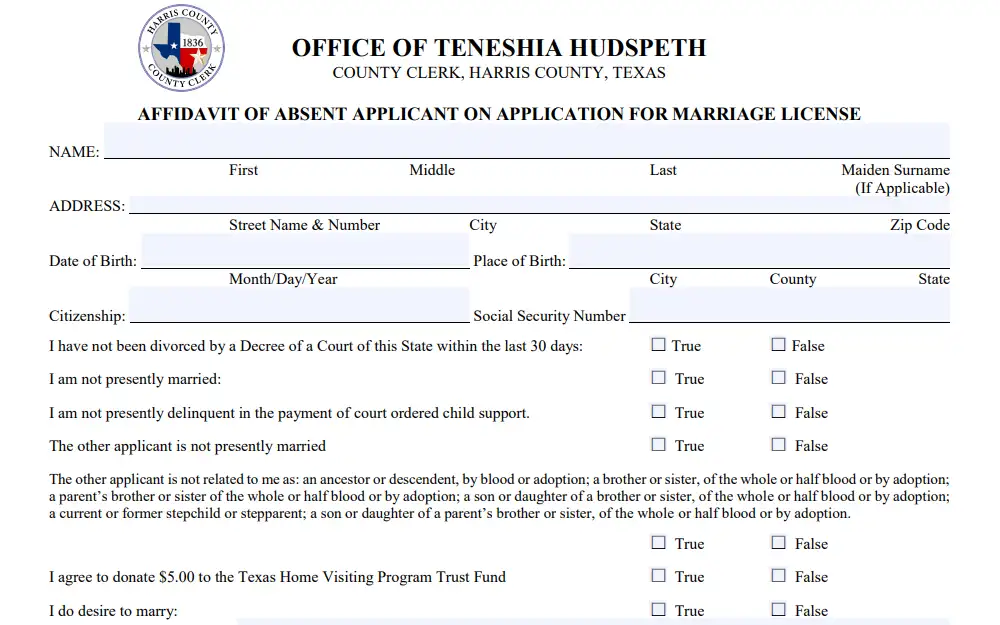 Screenshot of the affidavit of absent applicant for marriage license with fields for applicant name, address, birth details, citizenship, and social security number, and a true of false questionnaire.