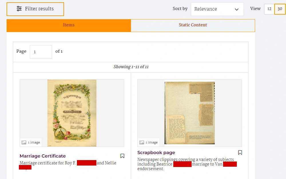 Screenshot of the search results from the digital archives, displaying relevant documents for marriage.