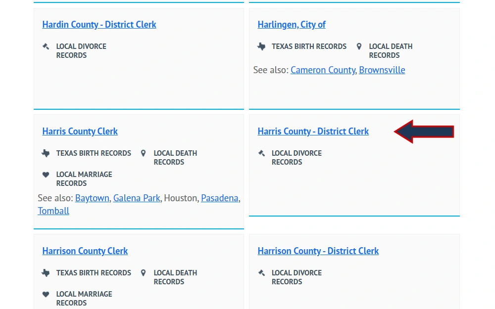Screenshot of the local offices' directory showing the district clerk office of Harris County for records of divorce.