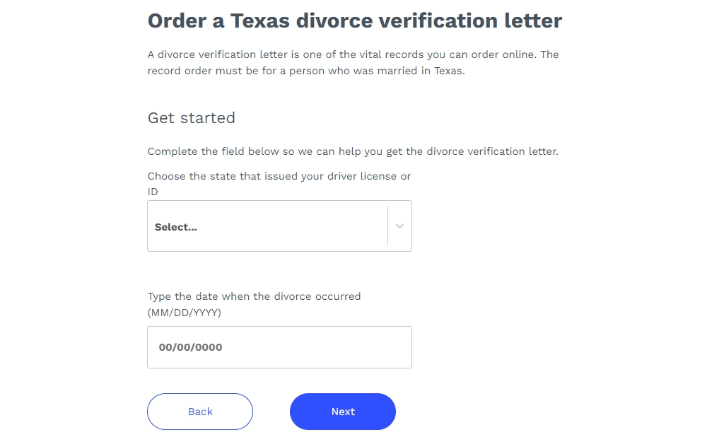 Screenshot of the first section of the verification letter request for divorce shows drop downs for the state of ID issuance and date of divorce.