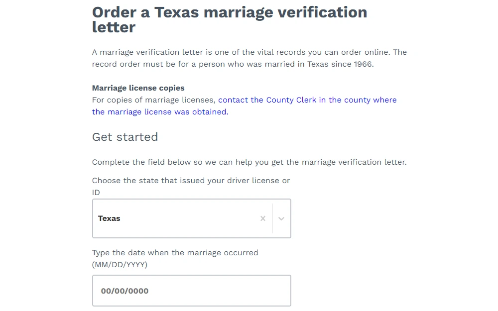Screenshot of the online application form for the verification letter of marriage showing the drop down menus for state and date of ID issuance.