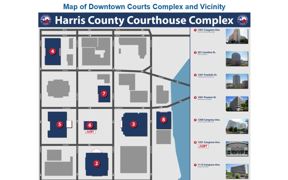 A screenshot showing a visualization map of the downtown courts complex and vicinity, specifically the Harris County courthouse complex, from the Harris County District Clerk website.