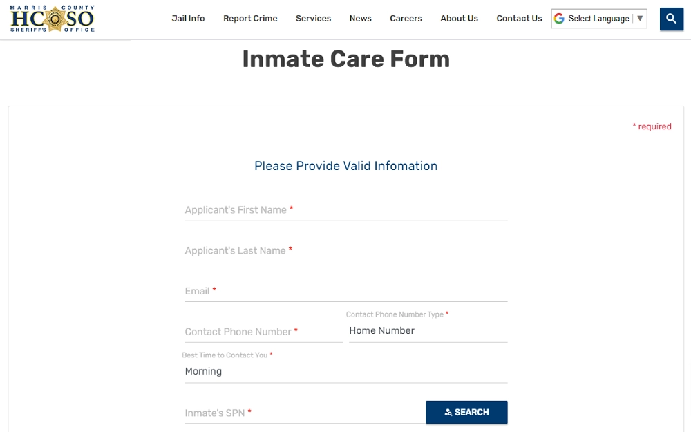 A screenshot displaying an inmate care form requiring information such as applicant's first name, last name, email address, contact phone number, inmate's SPN and others.