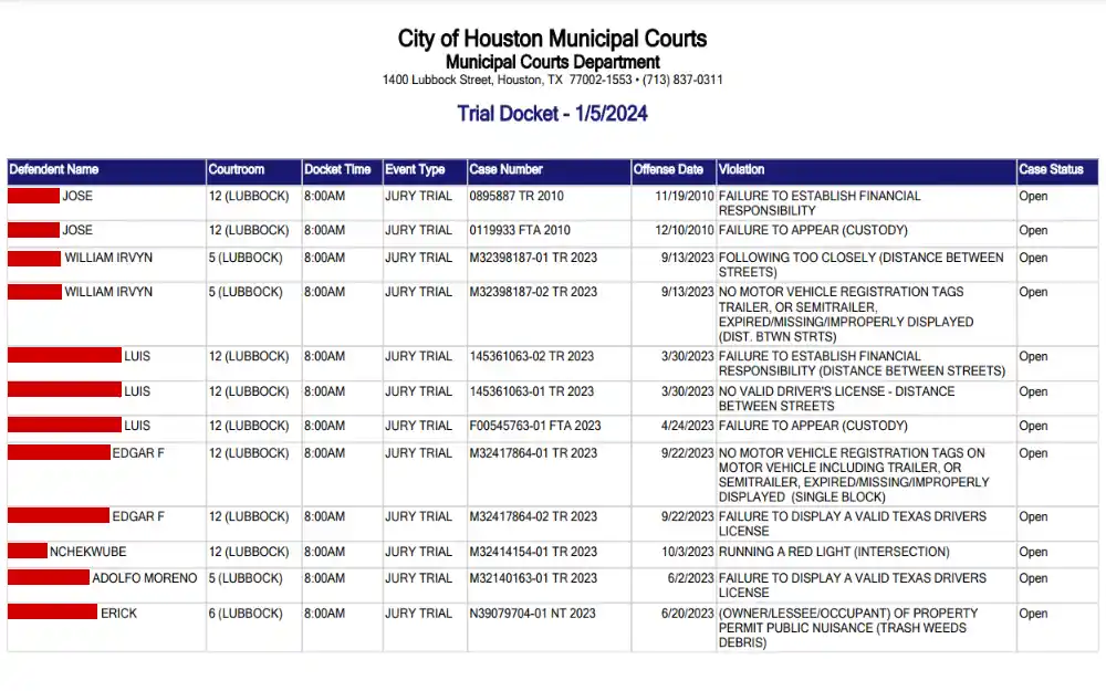 A screenshot displaying a trial docket chart showing information such as defendant name, courtroom, docket time, event type, case number, offense date, case status, and violation details.