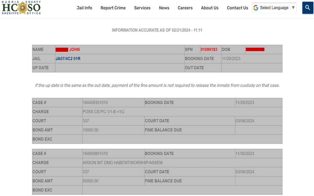 A screenshot of a sheriff's office inmate information page showing booking details, including charges, bond amounts, and court dates for two different cases.