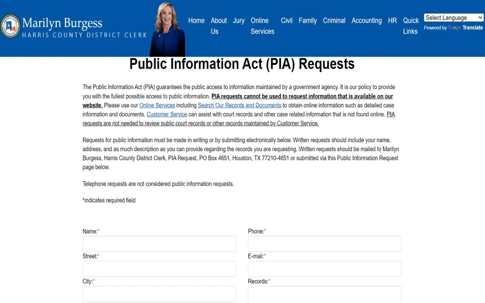 A screenshot of the Public Information Act request form where interested individuals write inquiries to access government-maintained information.