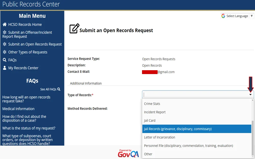 A screenshot of a public records center's online form where anyone can submit requests for various official records, including crime statistics and jail records.