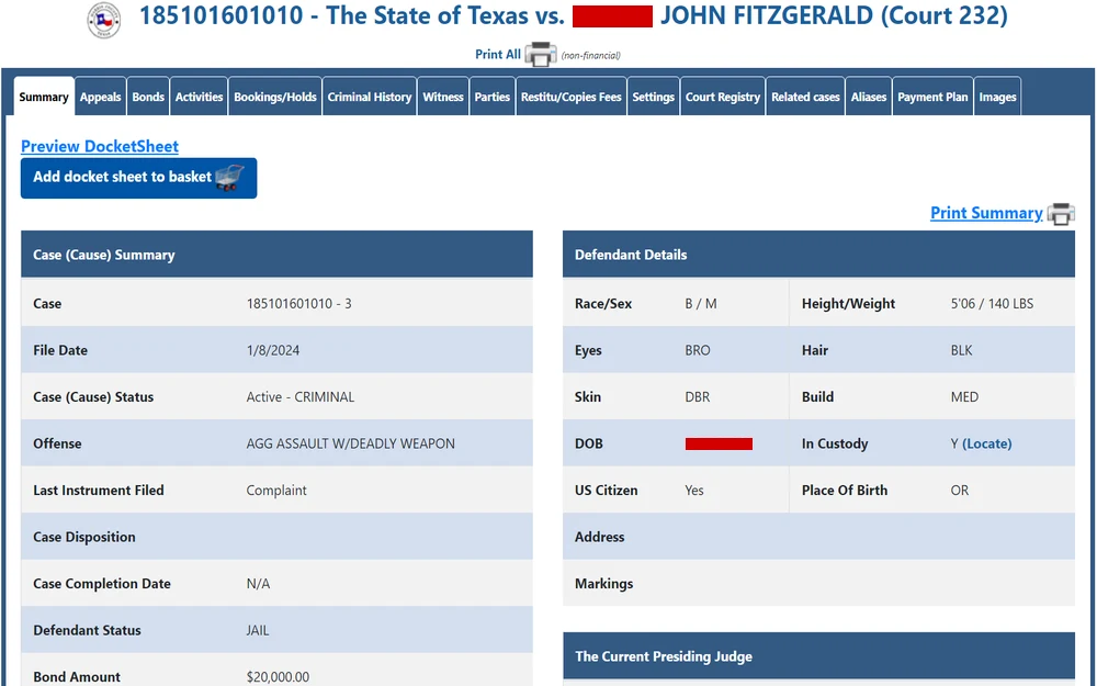 A screenshot of a legal document from a state court displaying a case summary, including the case number, file date, status, charges, defendant details, and bond amount.