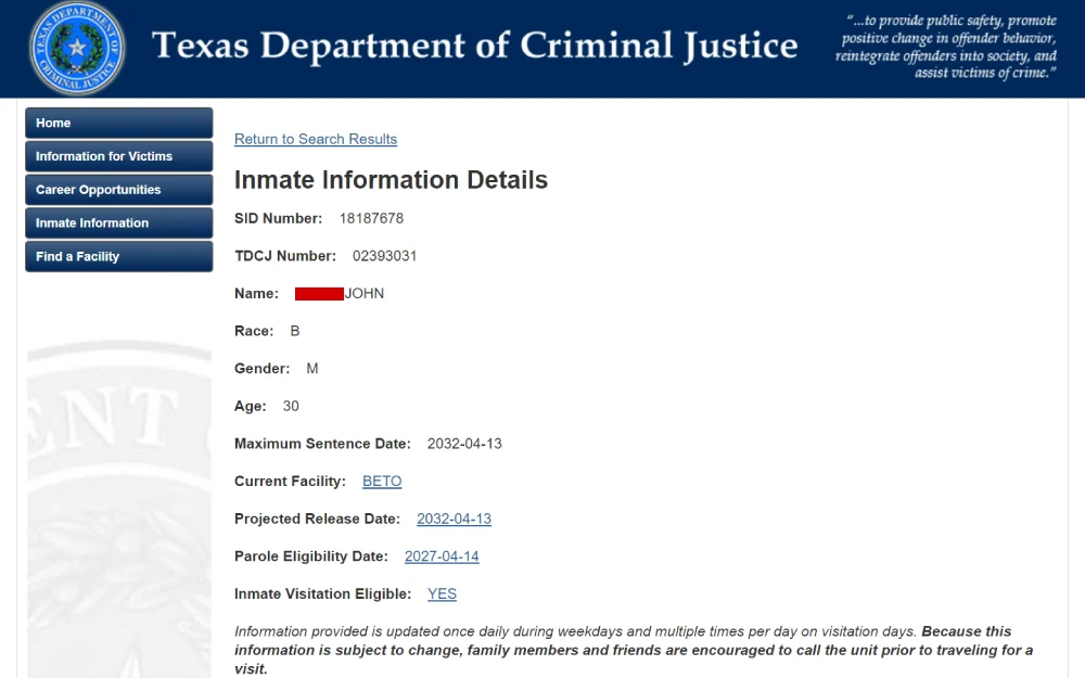 A screenshot showing an inmate's information on the Texas Department of Criminal Justice website, including identification numbers, demographics, sentence date, facility location, and parole eligibility.