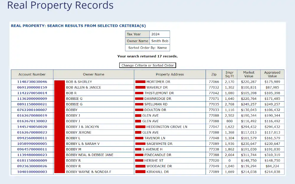 A screenshot of the Harris County Appraisal District portal where the user can search for property maps and appraisal records from 2009 - present.