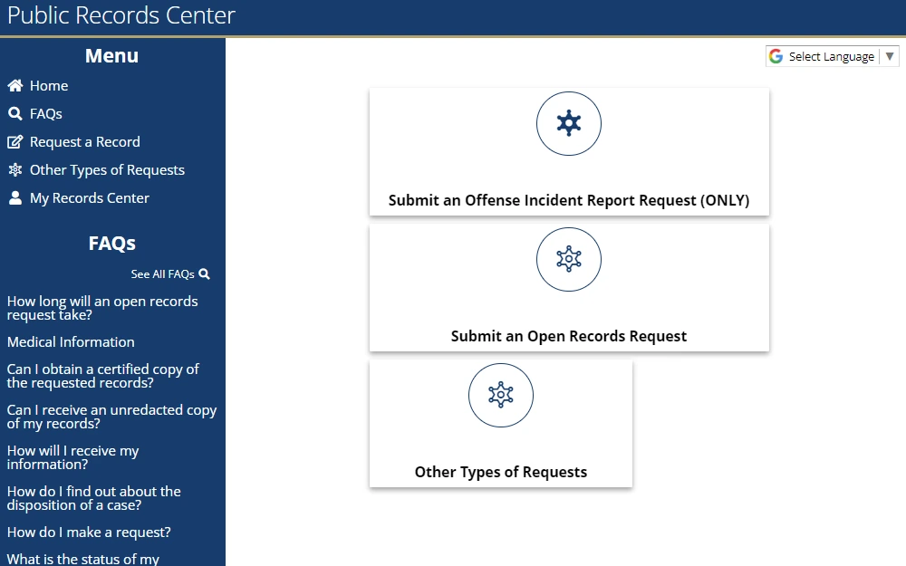 A screenshot from the Harris County Public Records Center Page showing three main options for submitting different types of record requests, including offense incident reports and open records requests.