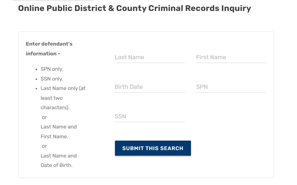 A screenshot from the Harris County Sheriff's Office page shows the record inquiry page with fields for a defendant's name, birth date, SPN, and SSN.