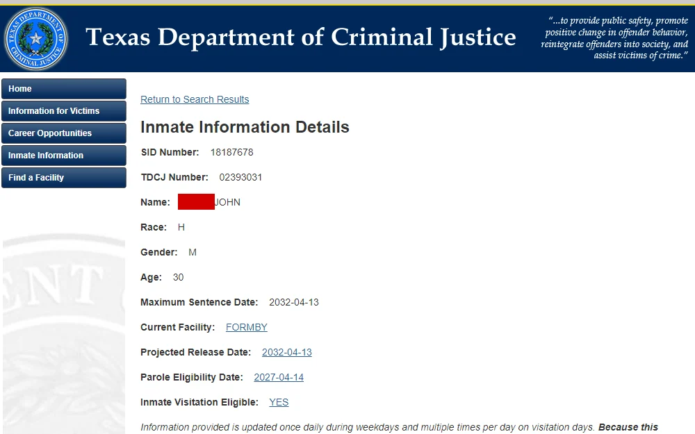 A screenshot from the Texas Department of Criminal Justice page displaying detailed inmate information, including identification numbers, physical description, sentence details, and facility information.